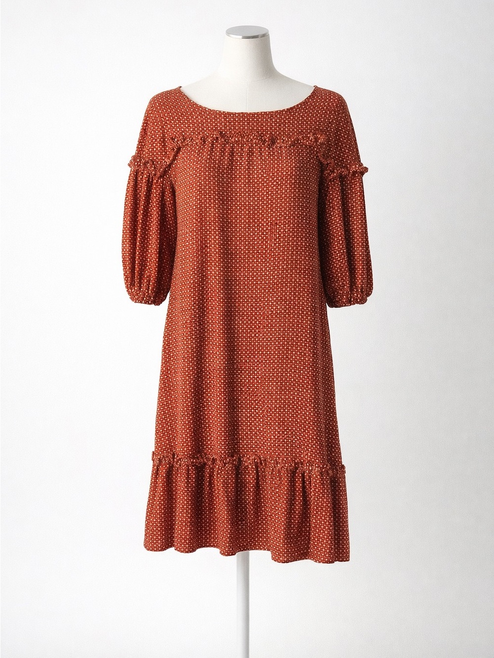 Max Studio Red Rust Ruffle Long Sleeve Boho Prairie Dress XS